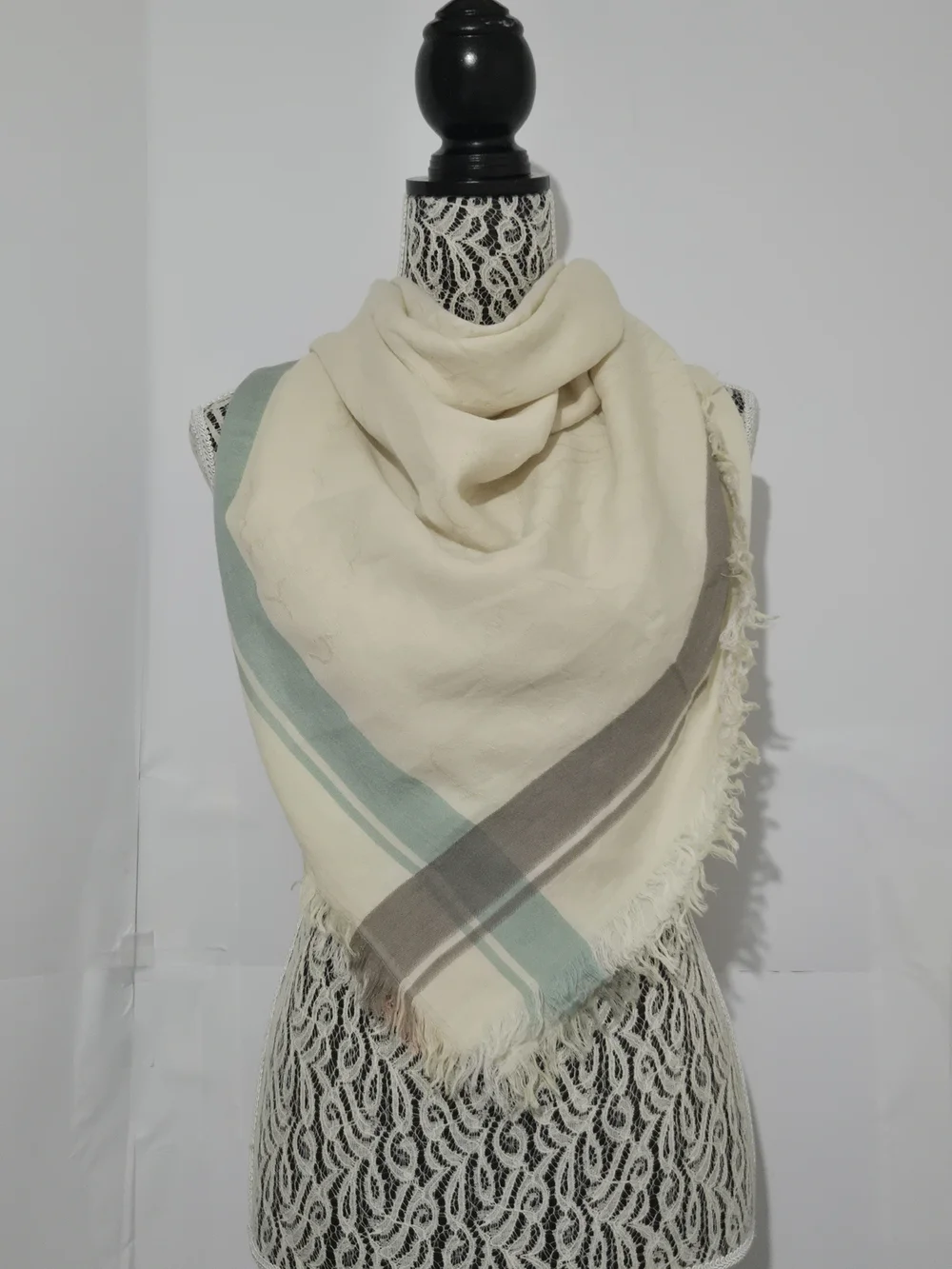 Fraas Cream Square Scarf with Sage Green and Gray Stripes